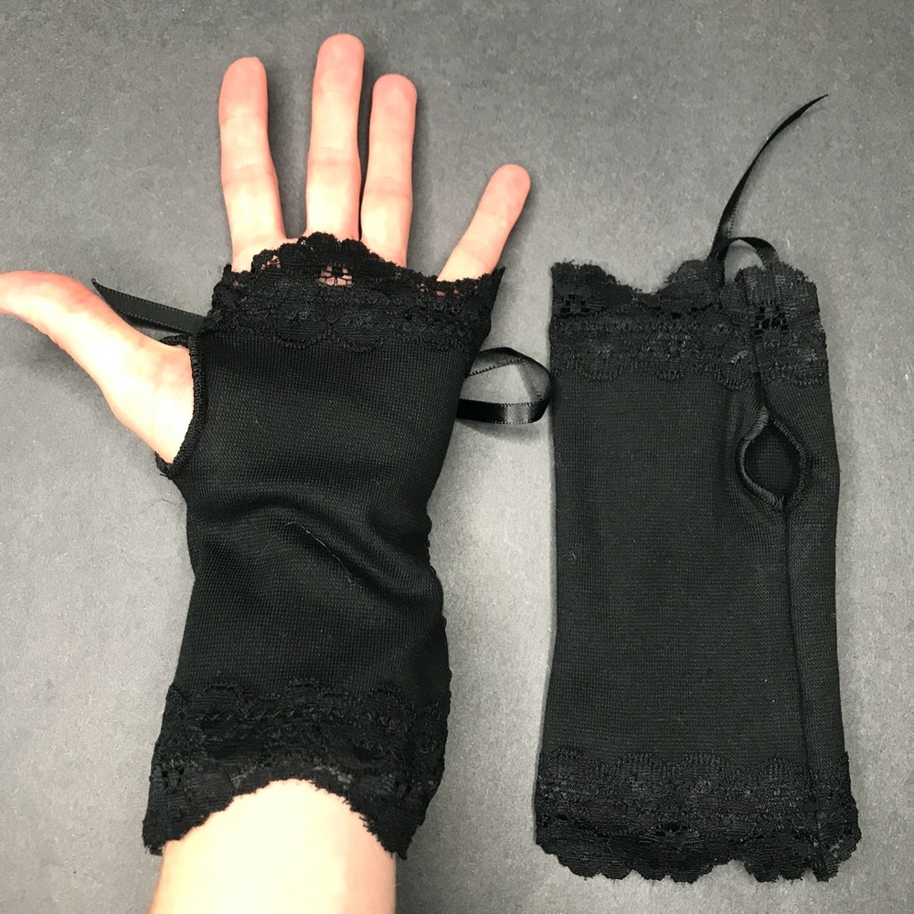 Short Corset Gloves Black Lace Up Wedding Arm Warmers Sleeves Renaissance - Picture 5 of 6